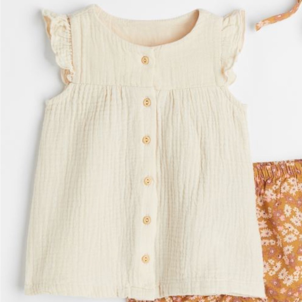 H&M baby girl Ivory organic cotton muslin ruffle sleeve tunic dress top 6-9M
